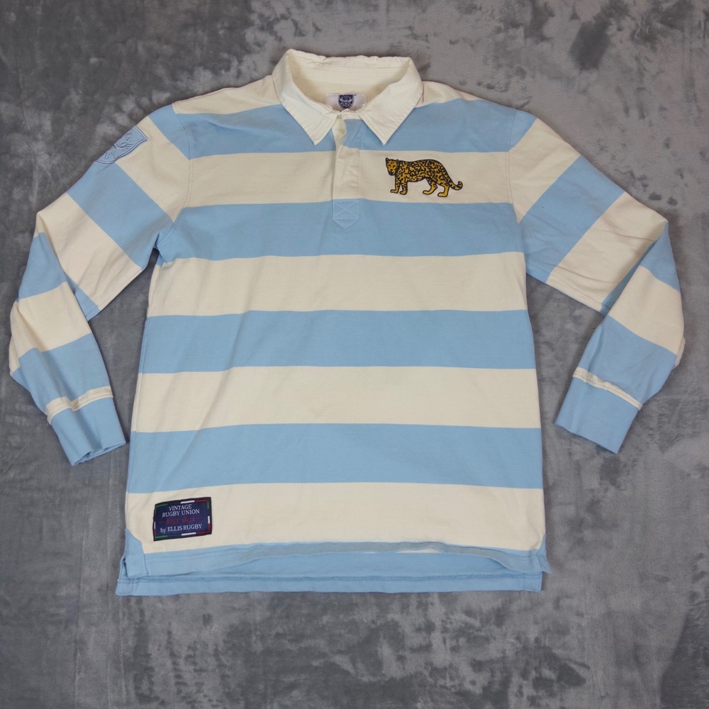 Ellis Rugby Shirt Mens Large Blue Cream Striped Leopard Crest Jersey Long Sleeve